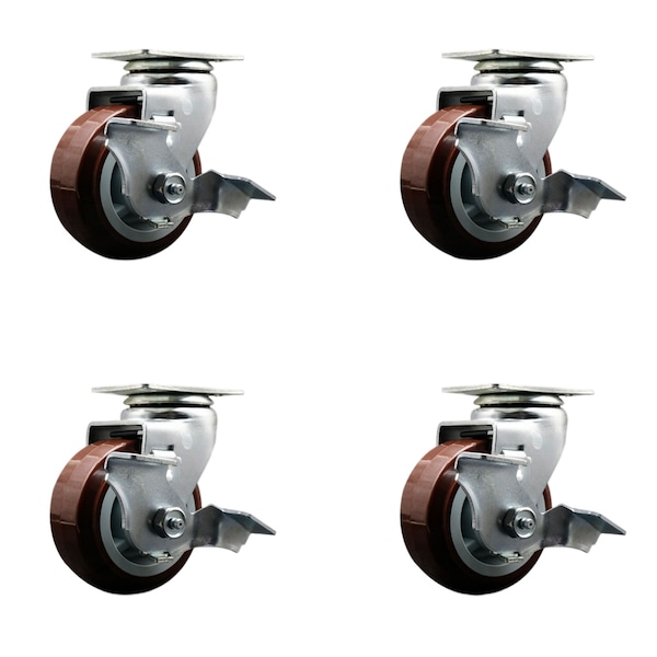 4 Inch Poly on Polyolefin Swivel Caster Set with Ball Bearings and Brakes SCC